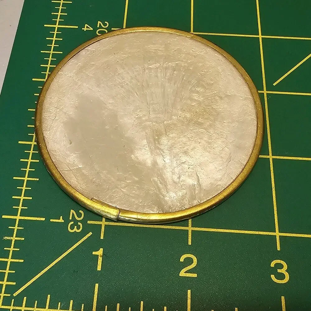 Vintage Capiz Shell Coasters Brass Trim Set of 6 Round Mother of Pearl MCM